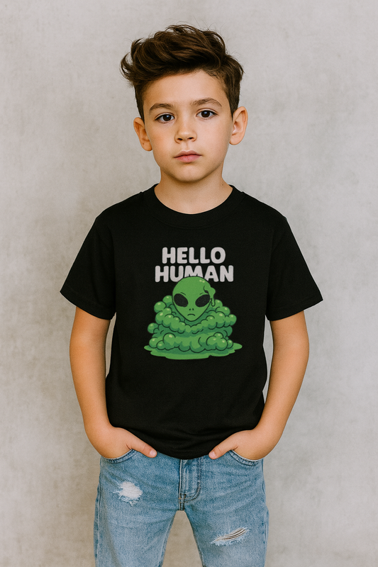 Kids Alien Graphic Tee, Fun Tee for Kids, Cute Monster Shirt, Birthday Gift, Unique Kids Apparel, Hello Human Design