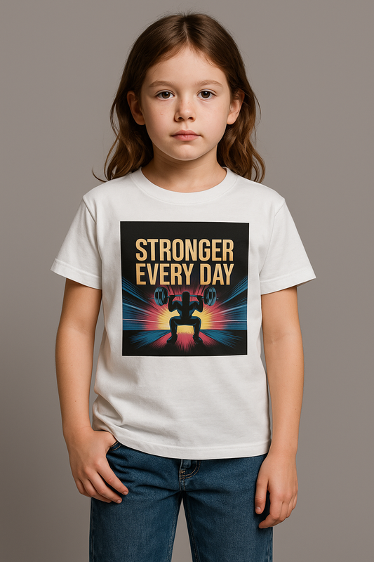 Youth Motivational T-Shirt - Stronger Every Day Graphic Tee for Kids, Fitness Enthusiasts, Gifts for Birthdays, Encouraging Active Lifestyle