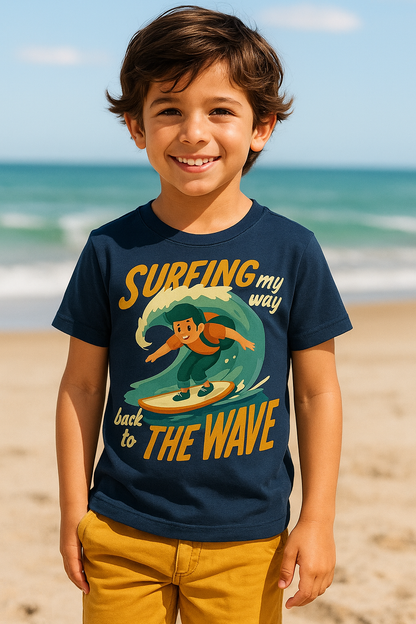 Kids Surfing The Wave T-Shirt with retro surfer graphic and vibrant colors