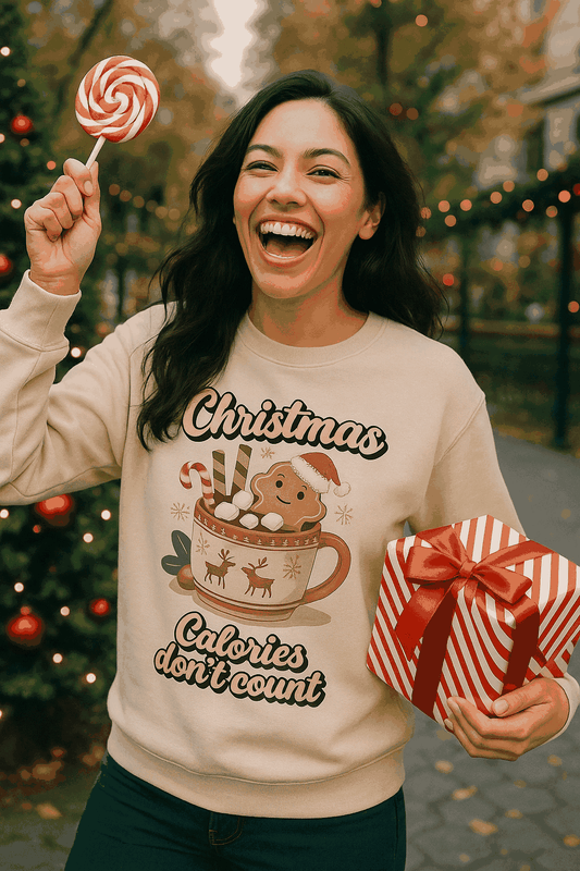 Cute Gingerbread Hot Cocoa Christmas Sweatshirt – “Calories Don’t Count” Holiday Crewneck – Cozy Winter Aesthetic Gift for Women & Teens