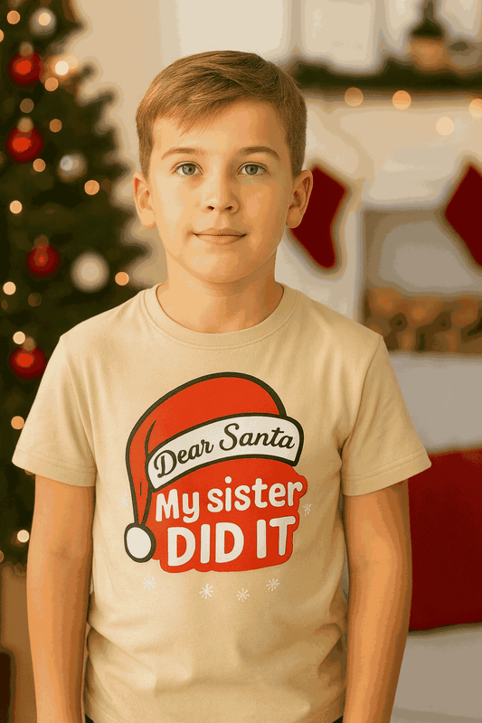 Dear Santa My Sister Did It Shirt – Funny Christmas T-Shirt for Kids & Adults | Matching Family Christmas Pajama Shirts | Santa Hat Holiday Graphic Tee