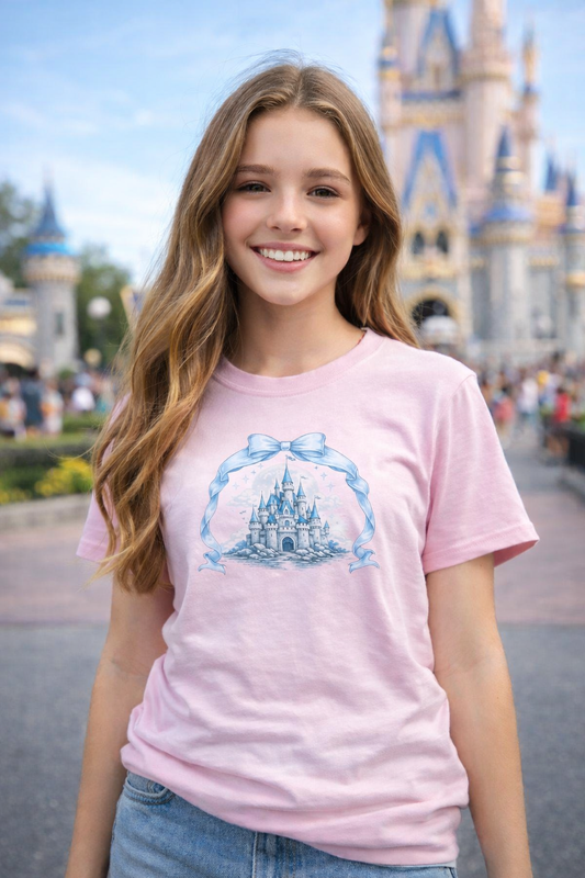 Blue Kids Castle T-shirt with whimsical fairytale design for children, soft cotton, breathable and comfortable fit