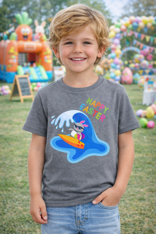 Toddler Happy Easter Surf Bunny Shirt with beach bunny graphic and rainbow text