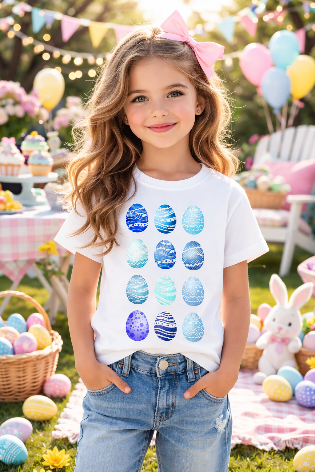Kids tee with blue watercolor egg pattern on white cotton fabric
