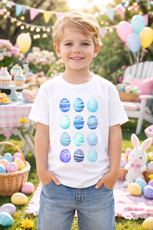 Boy toddler tee with watercolor blue Easter eggs design on soft lightweight cotton
