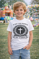 Kids Tee with vintage Christian cross and "A Lot Can Happen in 3 Days" design on soft midweight cotton