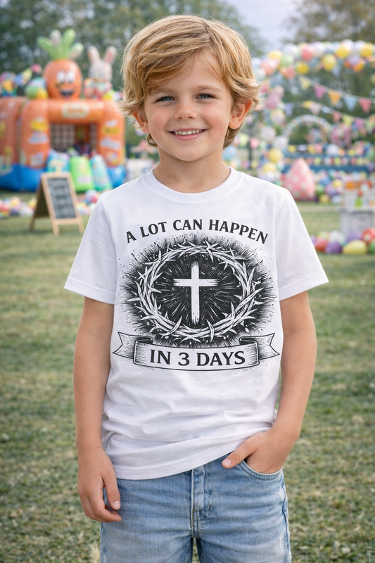 Kids tee with vintage Christian cross and "A Lot Can Happen in 3 Days" design on soft cotton fabric