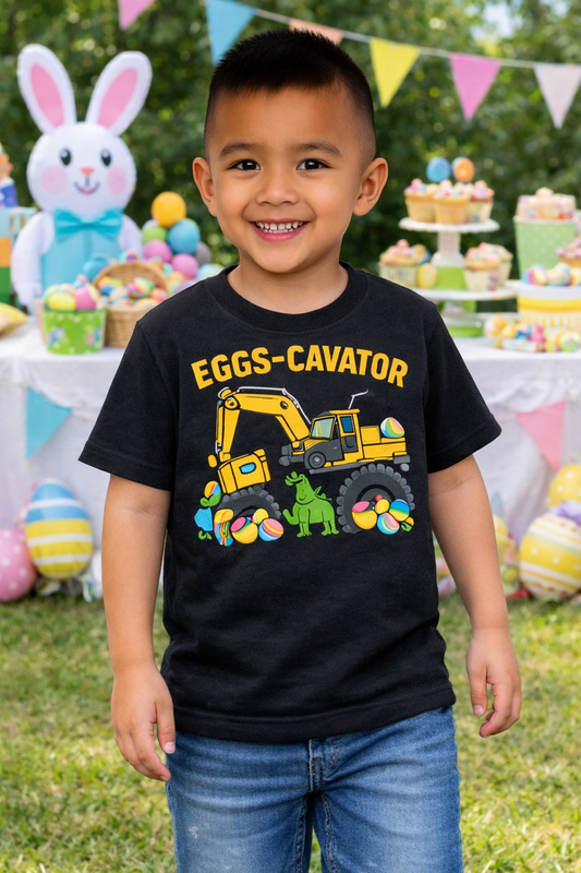 Eggs-Cavator toddler tee with excavator scooping Easter eggs and playful dinosaurs on white cotton shirt