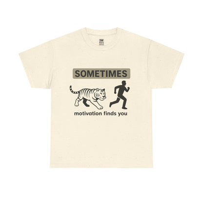 Funny Motivation T-Shirt – “Sometimes Motivation Finds You” Tiger Chase Running Tee for Fitness & Gym Lovers