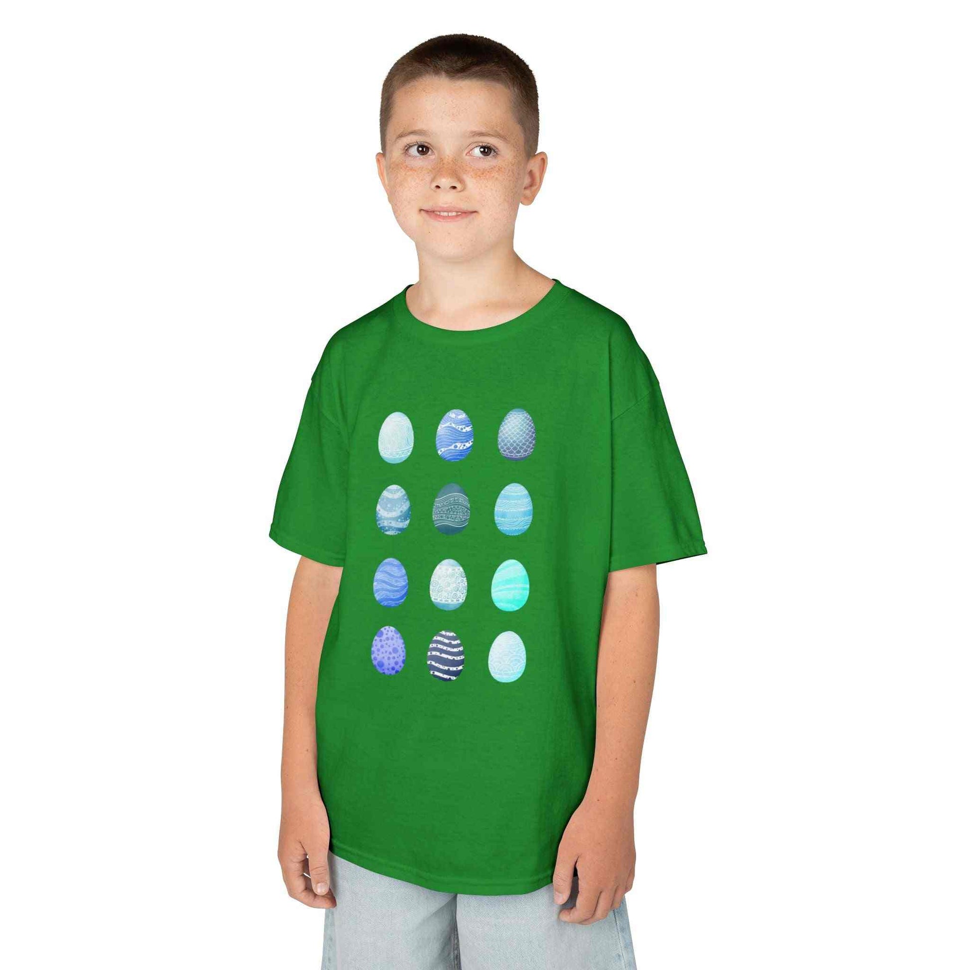 Kids t-shirt with blue watercolor egg pattern on white cotton fabric