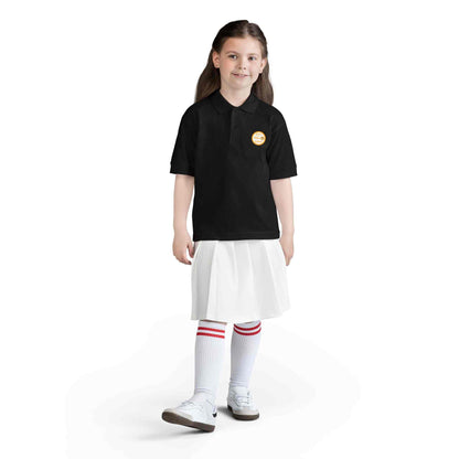 Youth polo shirt with gold Eric's Piano School logo, moisture-wicking and durable fabric for active kids