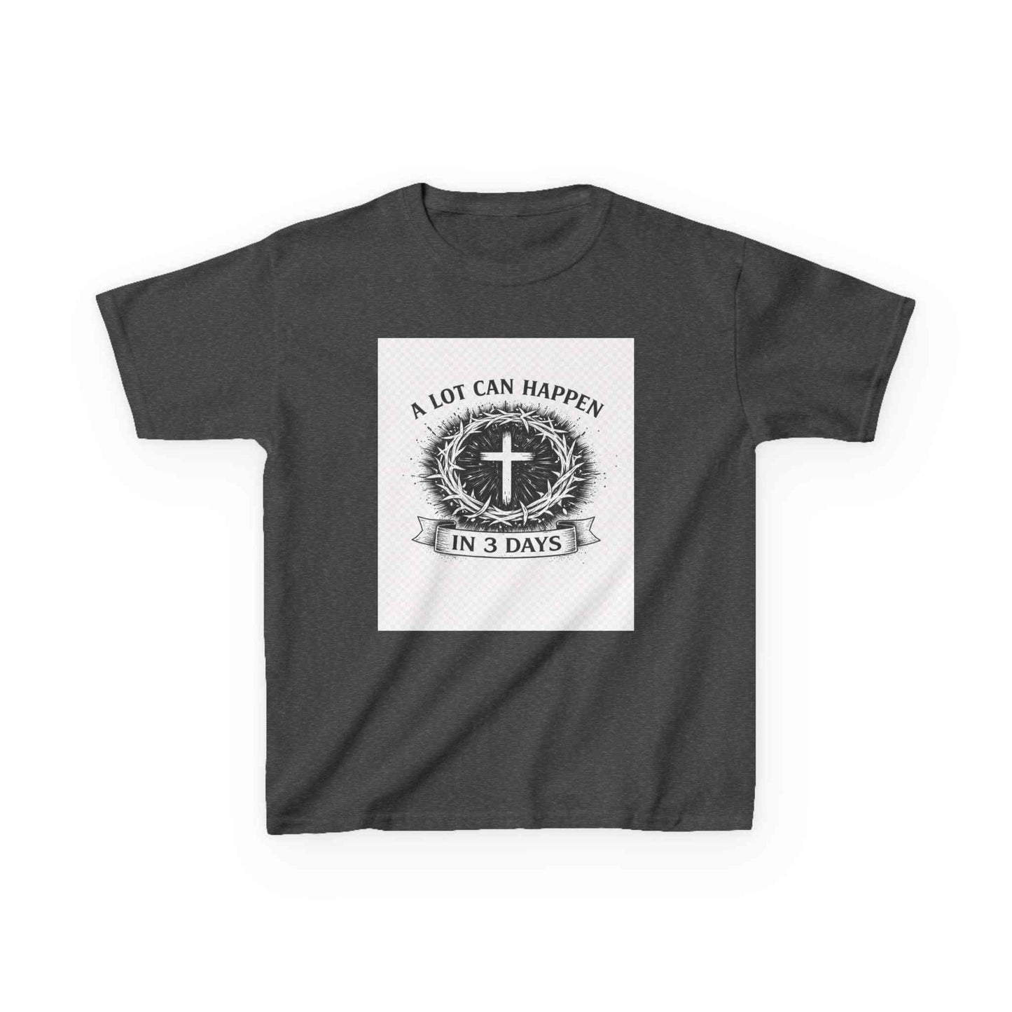 Kids tee with vintage Christian cross and "A Lot Can Happen in 3 Days" design on soft midweight cotton