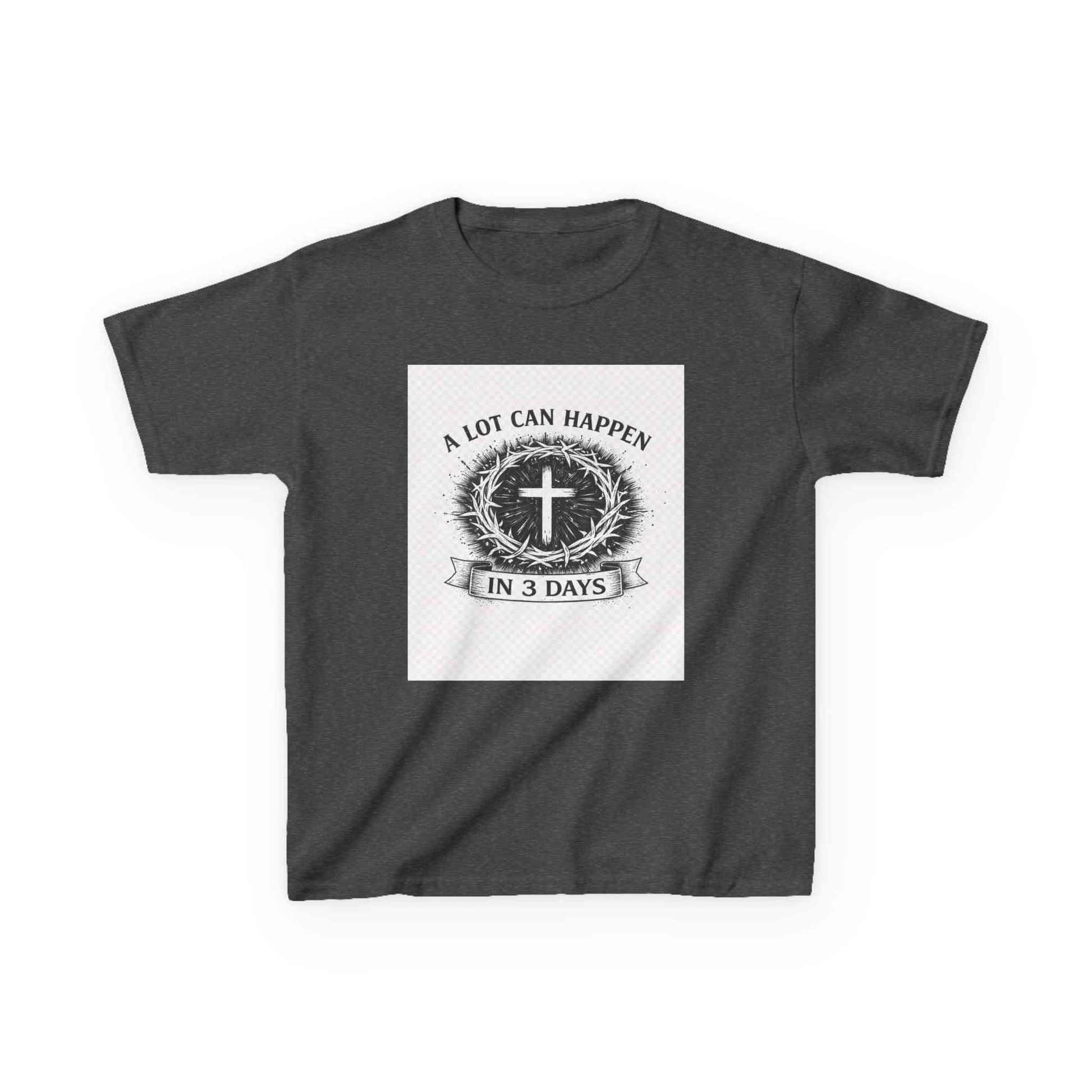 Kids tee with vintage Christian cross and "A Lot Can Happen in 3 Days" design on soft midweight cotton