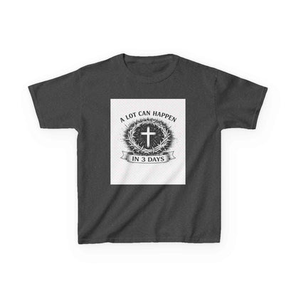 Kids tee with vintage Christian cross and "A Lot Can Happen in 3 Days" design on soft midweight cotton
