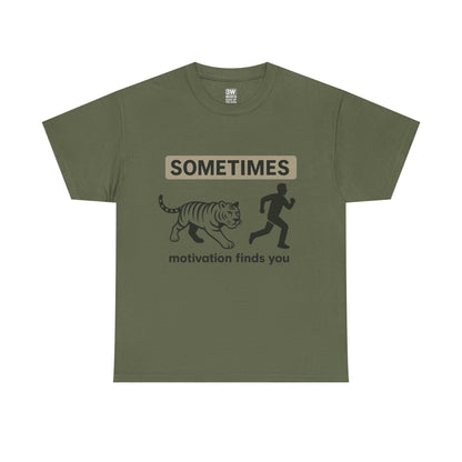 Funny Motivation T-Shirt – “Sometimes Motivation Finds You” Tiger Chase Running Tee for Fitness & Gym Lovers