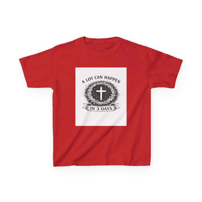 Kids Tee with vintage Christian cross and "A Lot Can Happen in 3 Days" design on soft breathable cotton