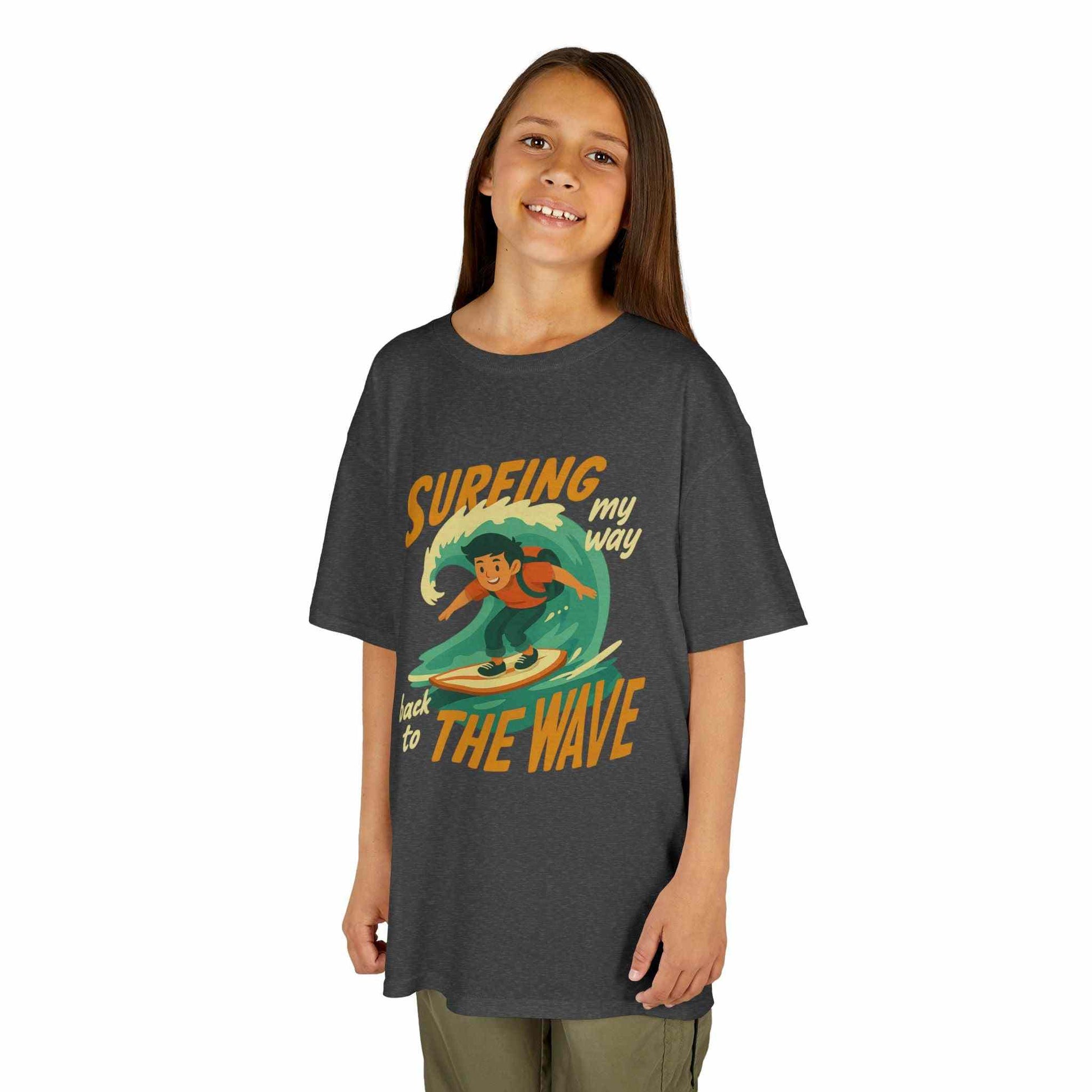 Kids Surfing The Wave T-Shirt with vintage retro surf graphic and soft cotton fit