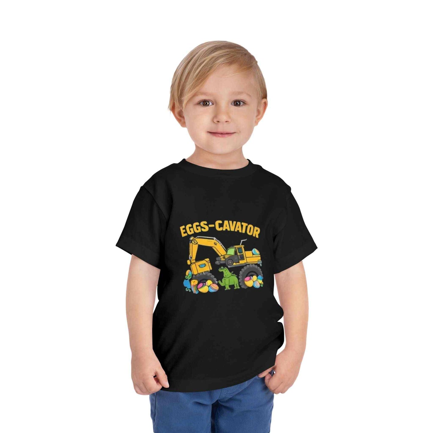 Toddler Easter shirt with cute excavator scooping colorful eggs, eggs-cavator toddler tee design
