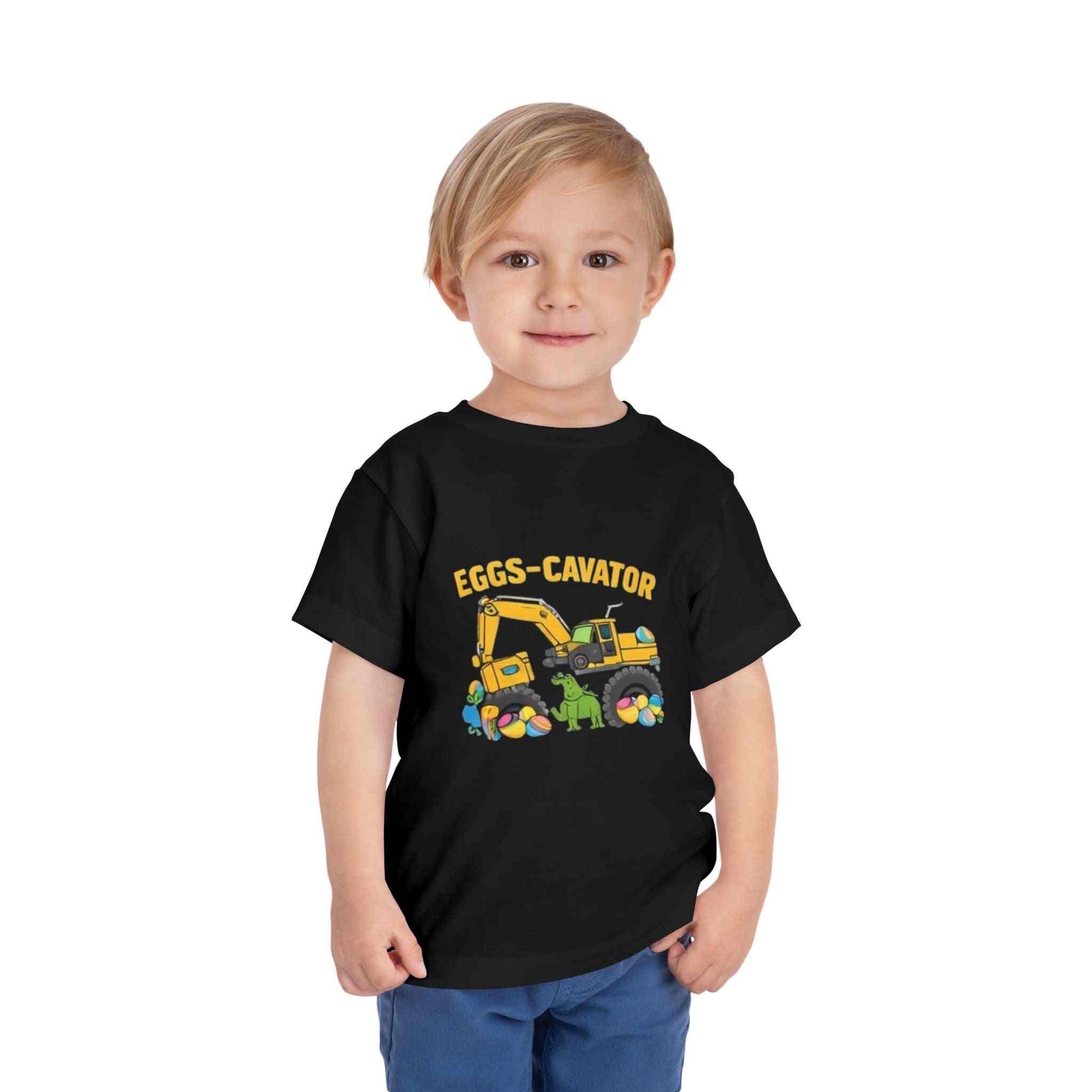 Toddler Easter shirt with cute excavator scooping colorful eggs, eggs-cavator toddler tee design