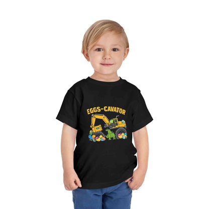 Toddler Easter shirt with cute excavator scooping colorful eggs, eggs-cavator toddler tee design
