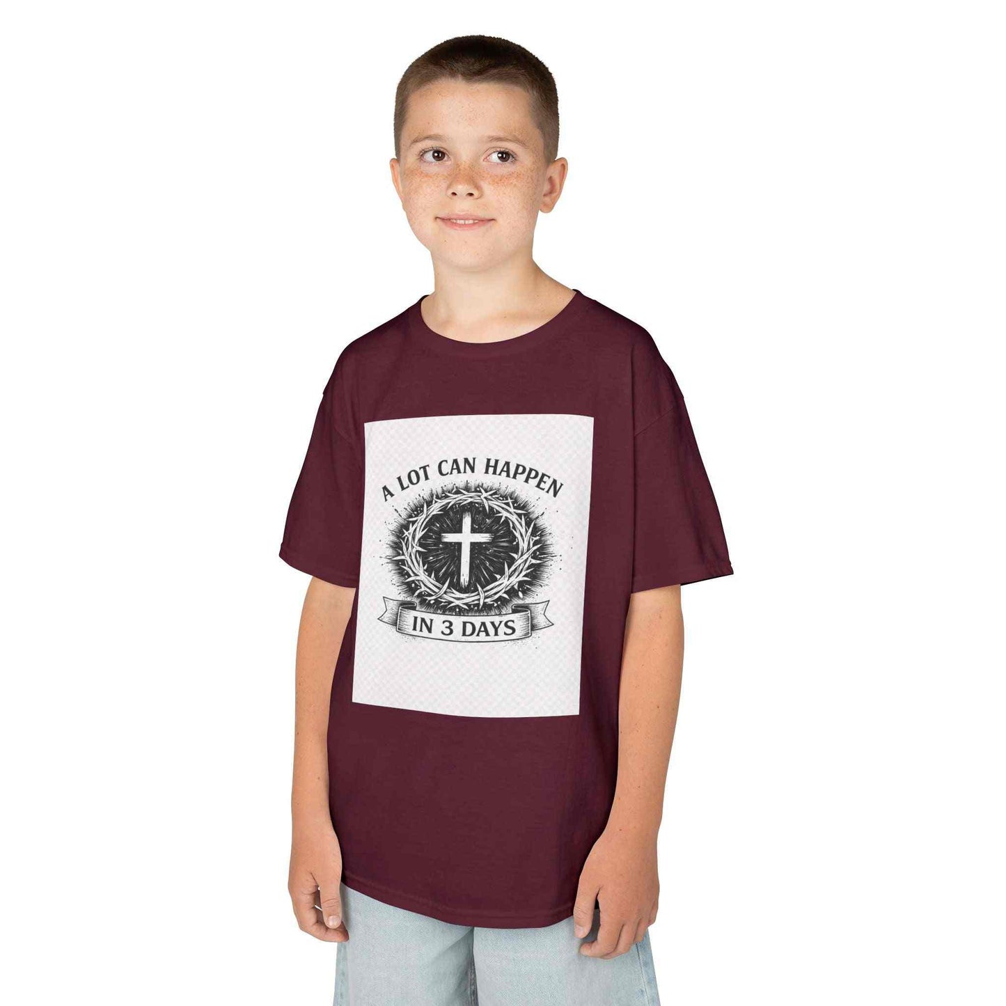 Kids Tee with vintage cross and "A Lot Can Happen in 3 Days" design on soft breathable cotton