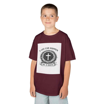 Kids Tee with vintage cross and "A Lot Can Happen in 3 Days" design on soft breathable cotton