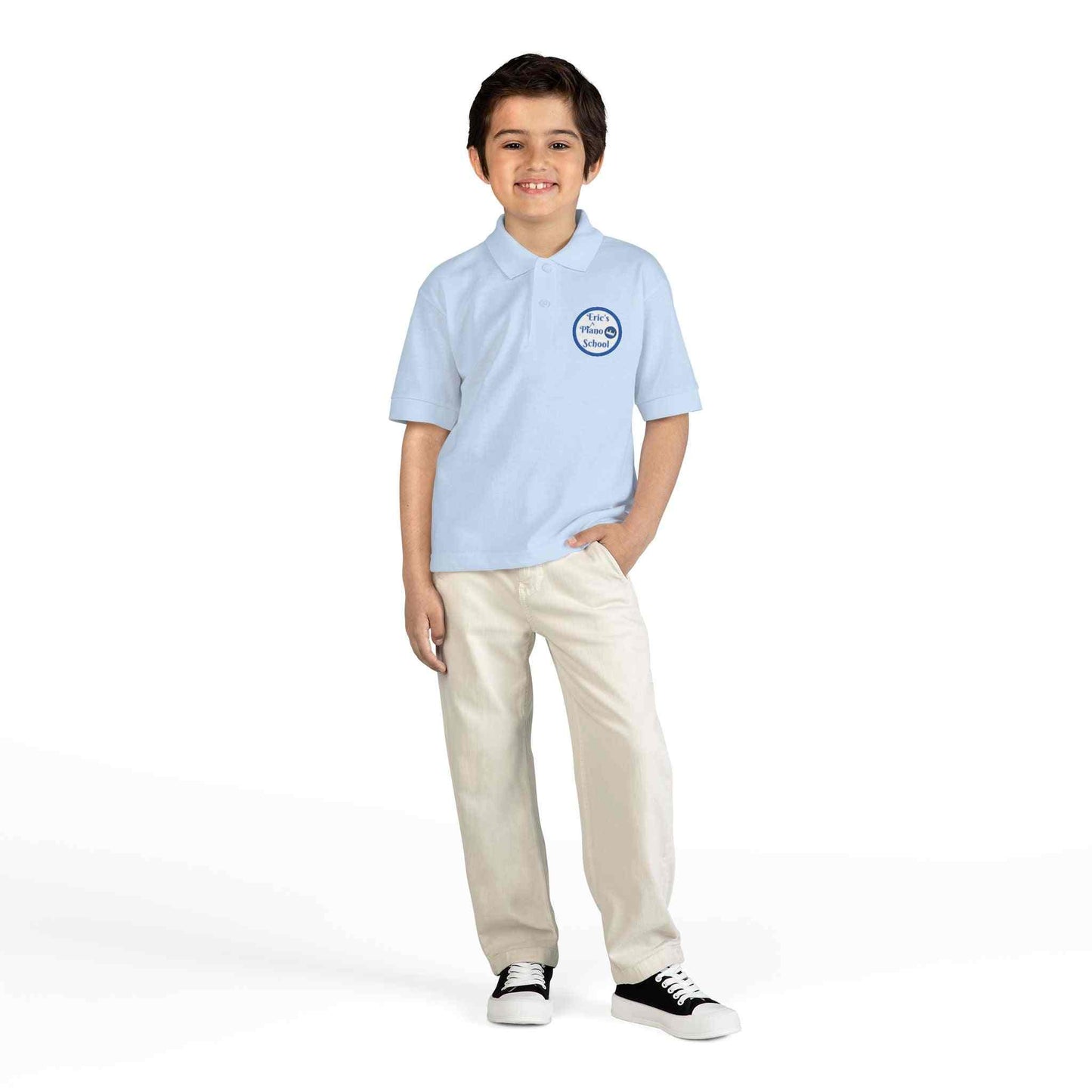Youth polo shirt for Eric's Piano School uniform made from moisture-wicking DryBlend fabric with contoured collar and chest logo.