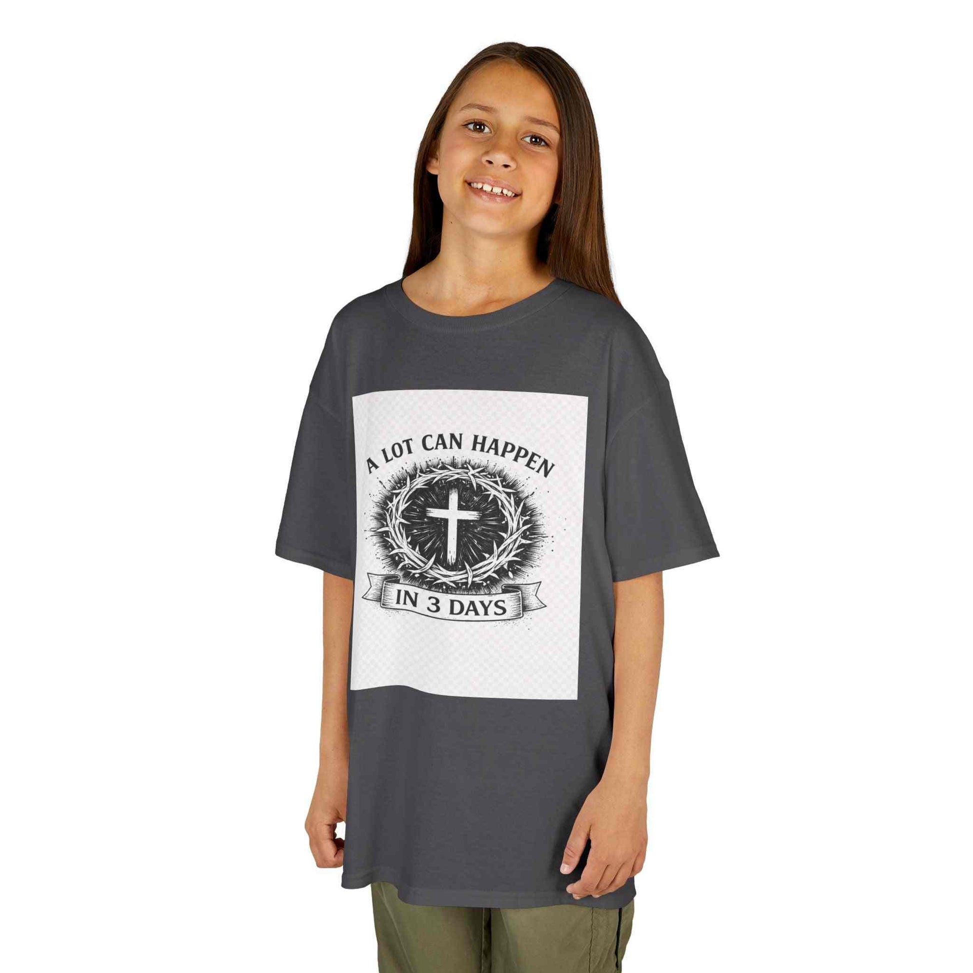 Kids tee with vintage cross and "A Lot Can Happen in 3 Days" faith design on soft midweight cotton