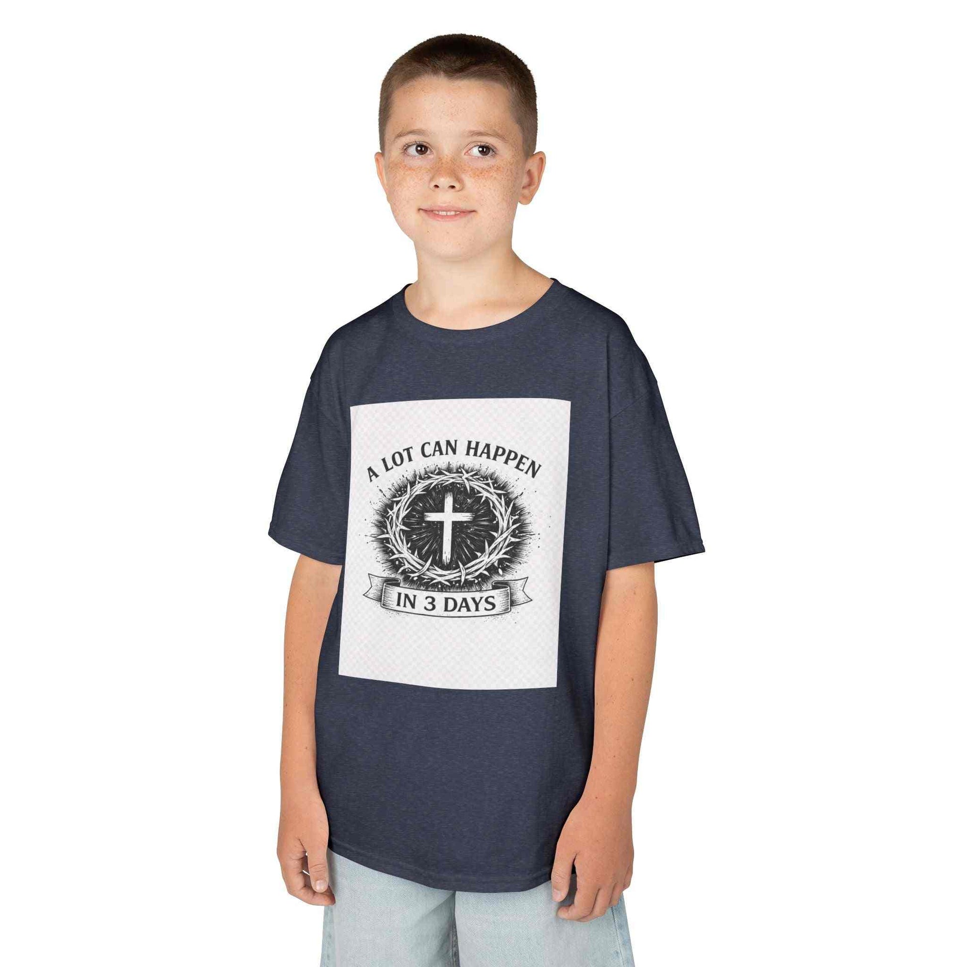 Kids tee with vintage cross and "A Lot Can Happen in 3 Days" design on soft cotton fabric