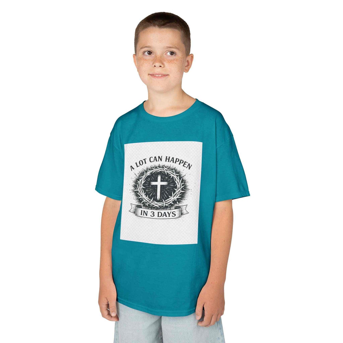 Kids tee with vintage Christian cross and "A Lot Can Happen in 3 Days" design on soft breathable cotton