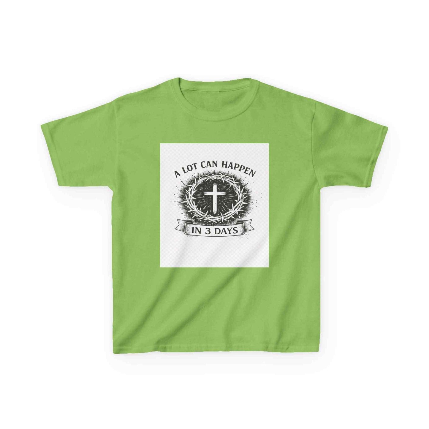 Kids tee with vintage cross and "A Lot Can Happen in 3 Days" design on soft midweight cotton