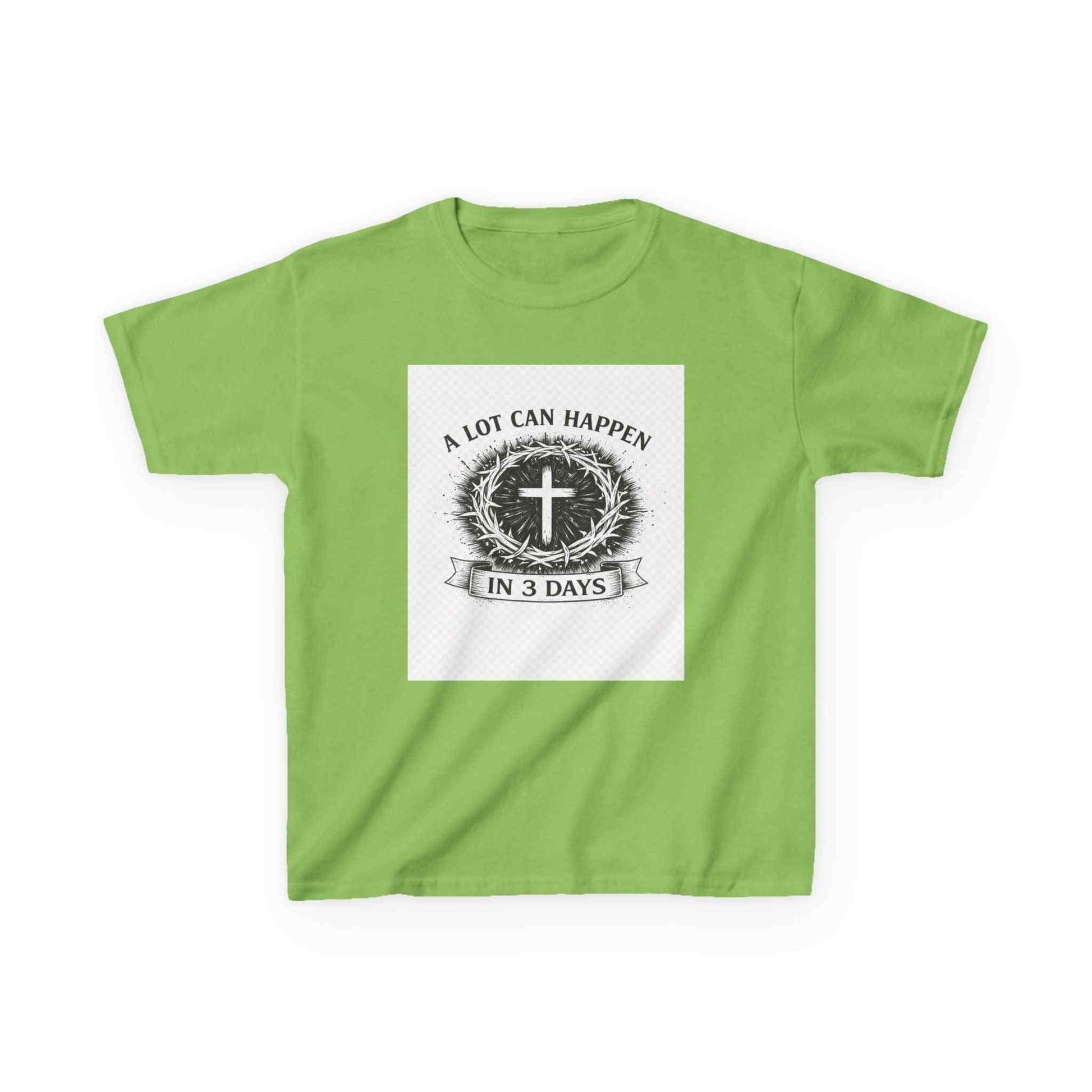 Kids tee with vintage cross and "A Lot Can Happen in 3 Days" design on soft midweight cotton