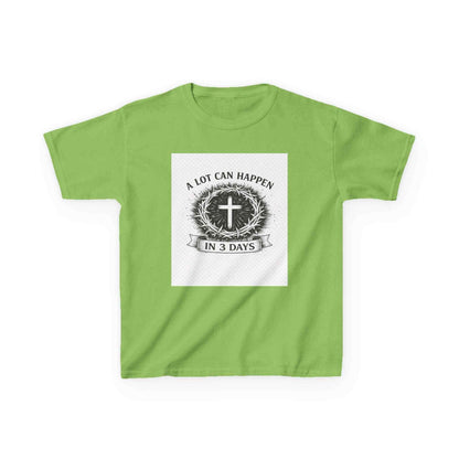 Kids tee with vintage cross and "A Lot Can Happen in 3 Days" design on soft midweight cotton