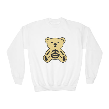 Cute Skeleton Teddy Youth Crewneck Sweatshirt, Kid's Sweatshirt, Fall Fashion, Spooky Season Gift, Halloween Apparel