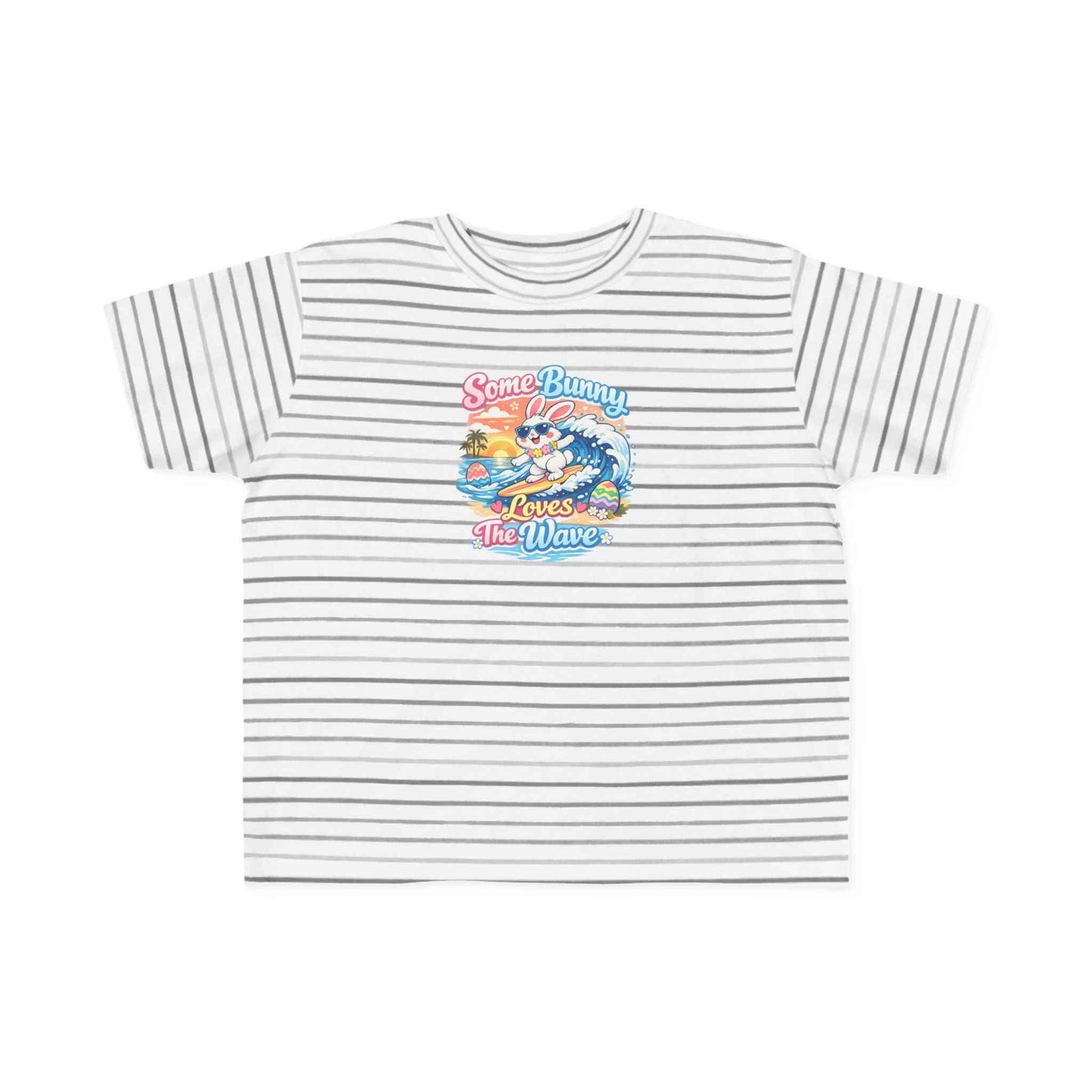 Youth girl Easter T-shirt with surfing bunny and pastel eggs saying Some Bunny Loves The Wave