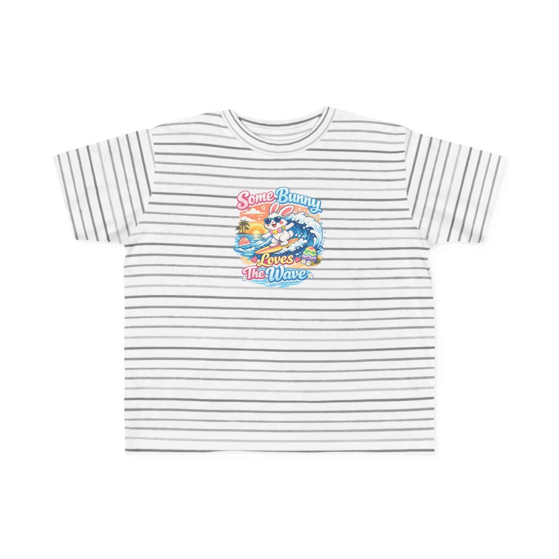Youth girl Easter T-shirt with surfing bunny and pastel eggs saying Some Bunny Loves The Wave