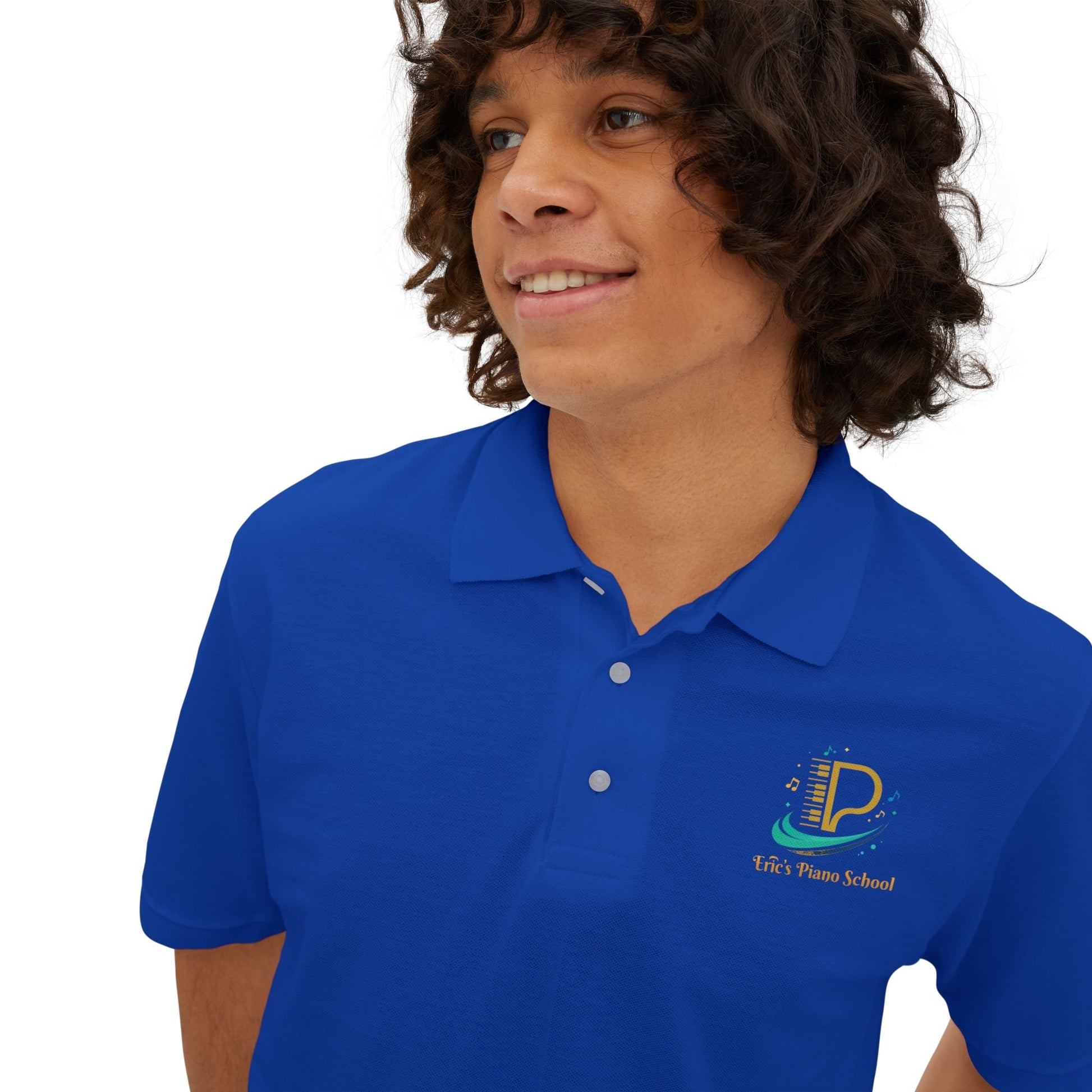 Men's coastal coffee logo embroidered custom piqué polo shirt in soft textured knit