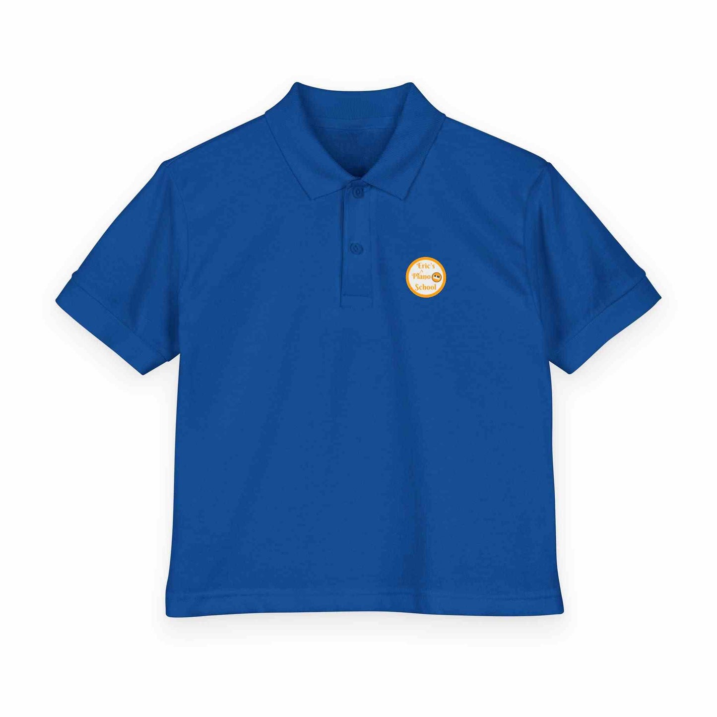 Youth polo shirt with Eric's Piano School gold logo, moisture-wicking cotton-poly blend for kids