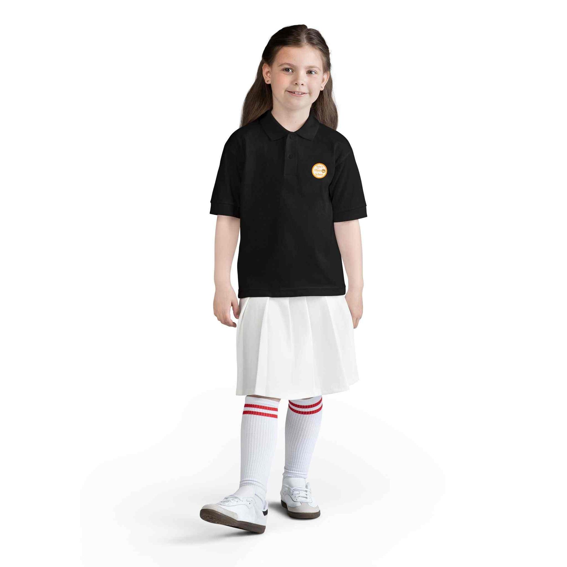 Youth gold polo shirt for Eric's Piano School kids music lessons with logo