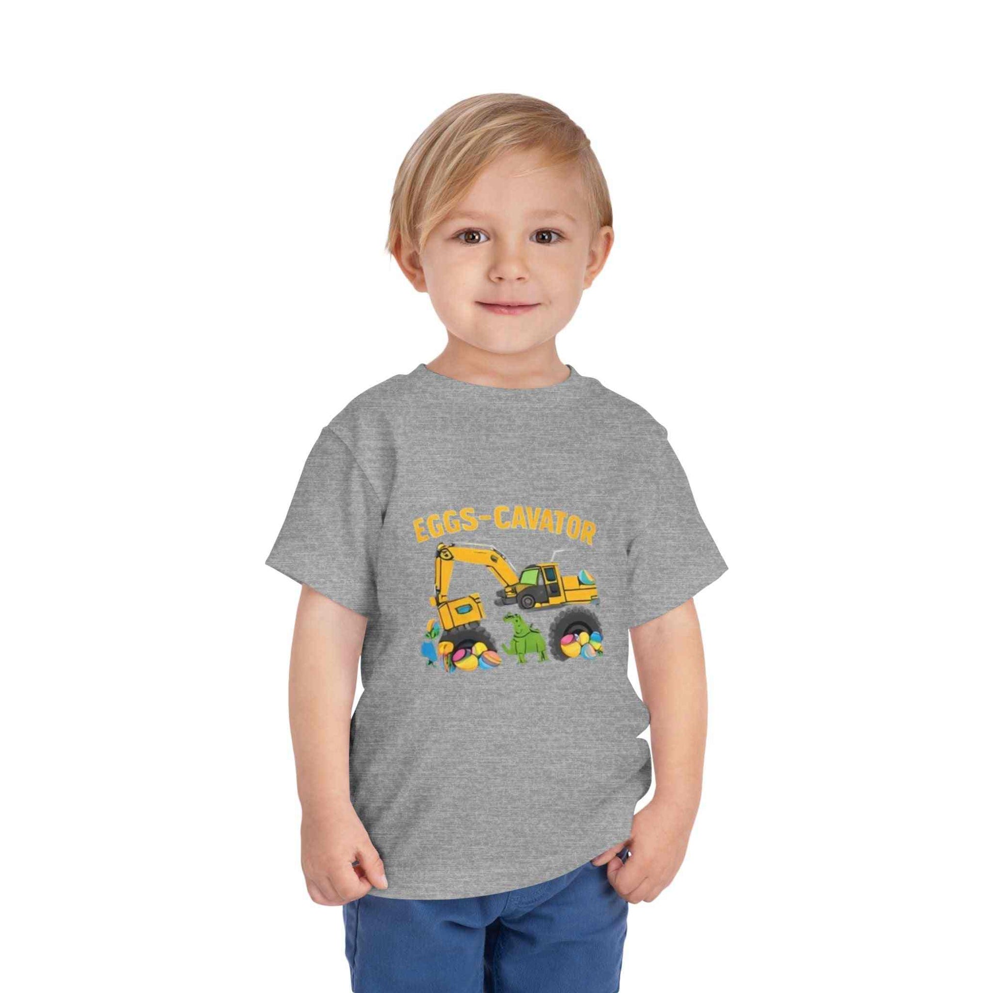 Toddler wearing Eggs-cavator construction excavator Easter tee with colorful egg graphic