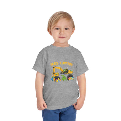 Toddler wearing Eggs-cavator construction excavator Easter tee with colorful egg graphic