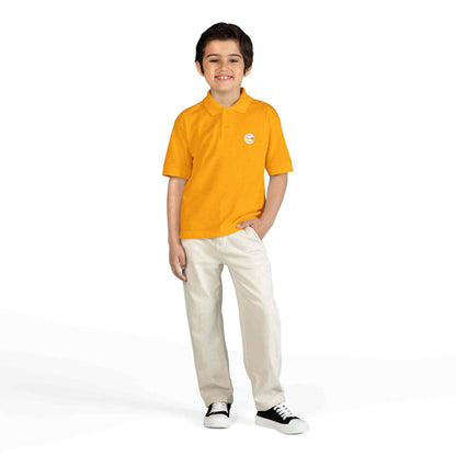 Gold youth polo shirt with Eric's Piano School logo for kids' music lessons