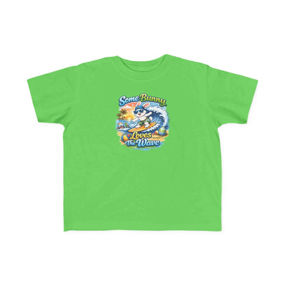 Toddler tee with surf bunny graphic and "Some Bunny Loves The Wave" text in soft cotton for kids.