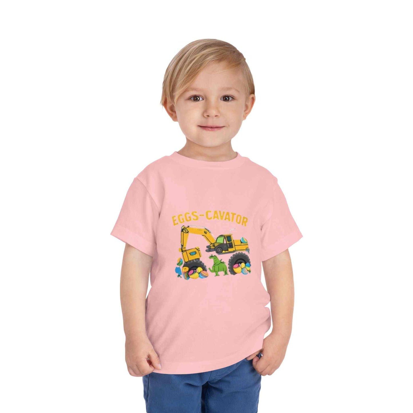 Toddler Easter shirt with excavator digging colorful Easter eggs, cute Eggs-cavator design.