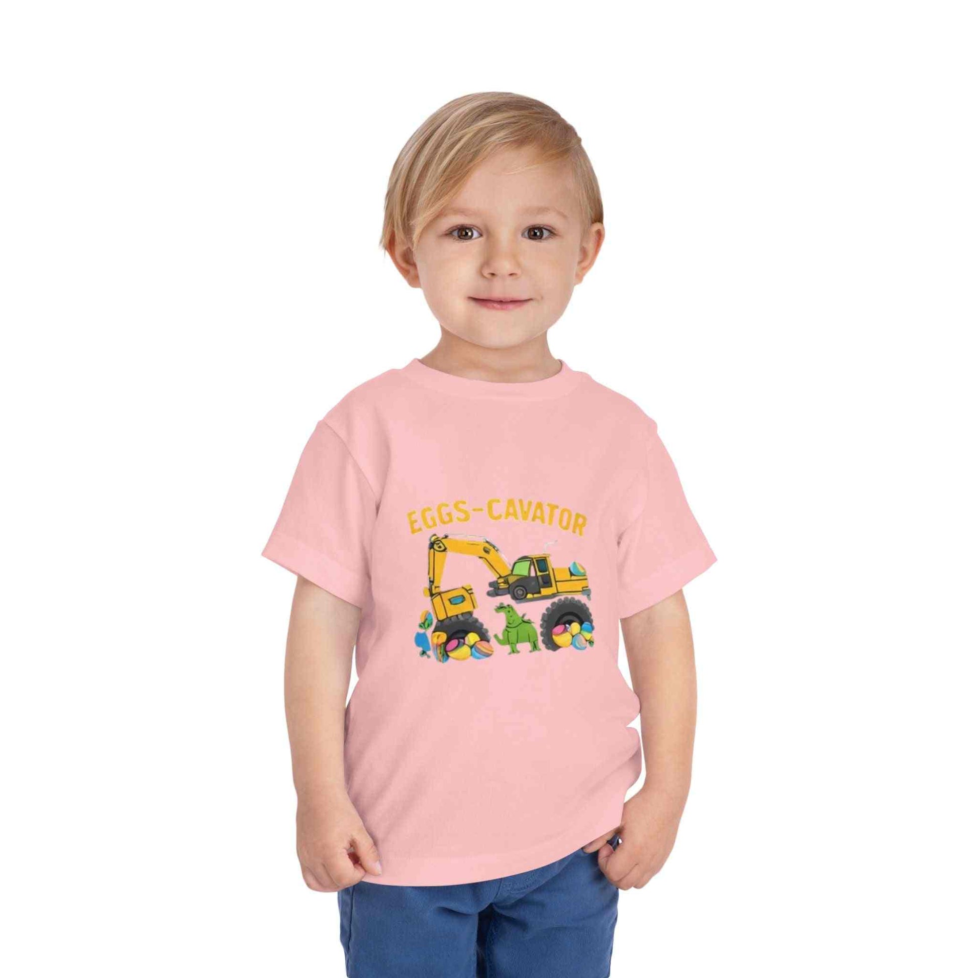 Toddler Easter shirt with excavator digging colorful Easter eggs, cute Eggs-cavator design.