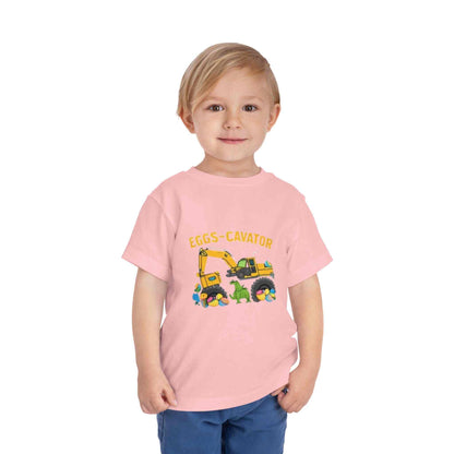 Toddler Easter shirt with excavator digging colorful Easter eggs, cute Eggs-cavator design.