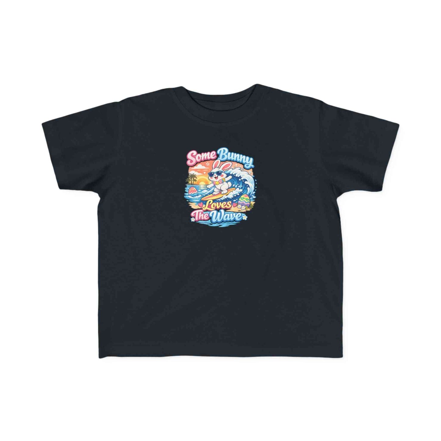 Youth girl Easter T-shirt with surfing bunny and pastel eggs, "Some Bunny Loves The Wave" design
