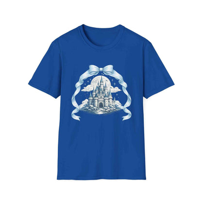 Blue Castle Illustration T-Shirt with ribbon design, soft lightweight cotton tee
