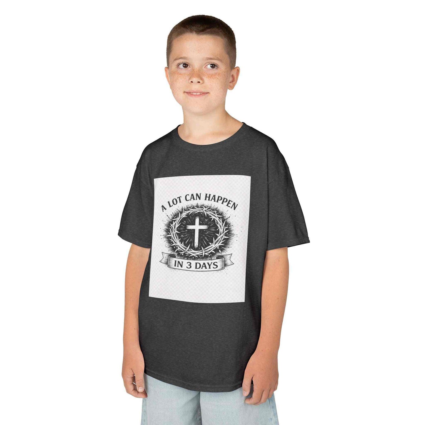 Kids tee with vintage Christian cross and "A Lot Can Happen in 3 Days" design on soft midweight cotton