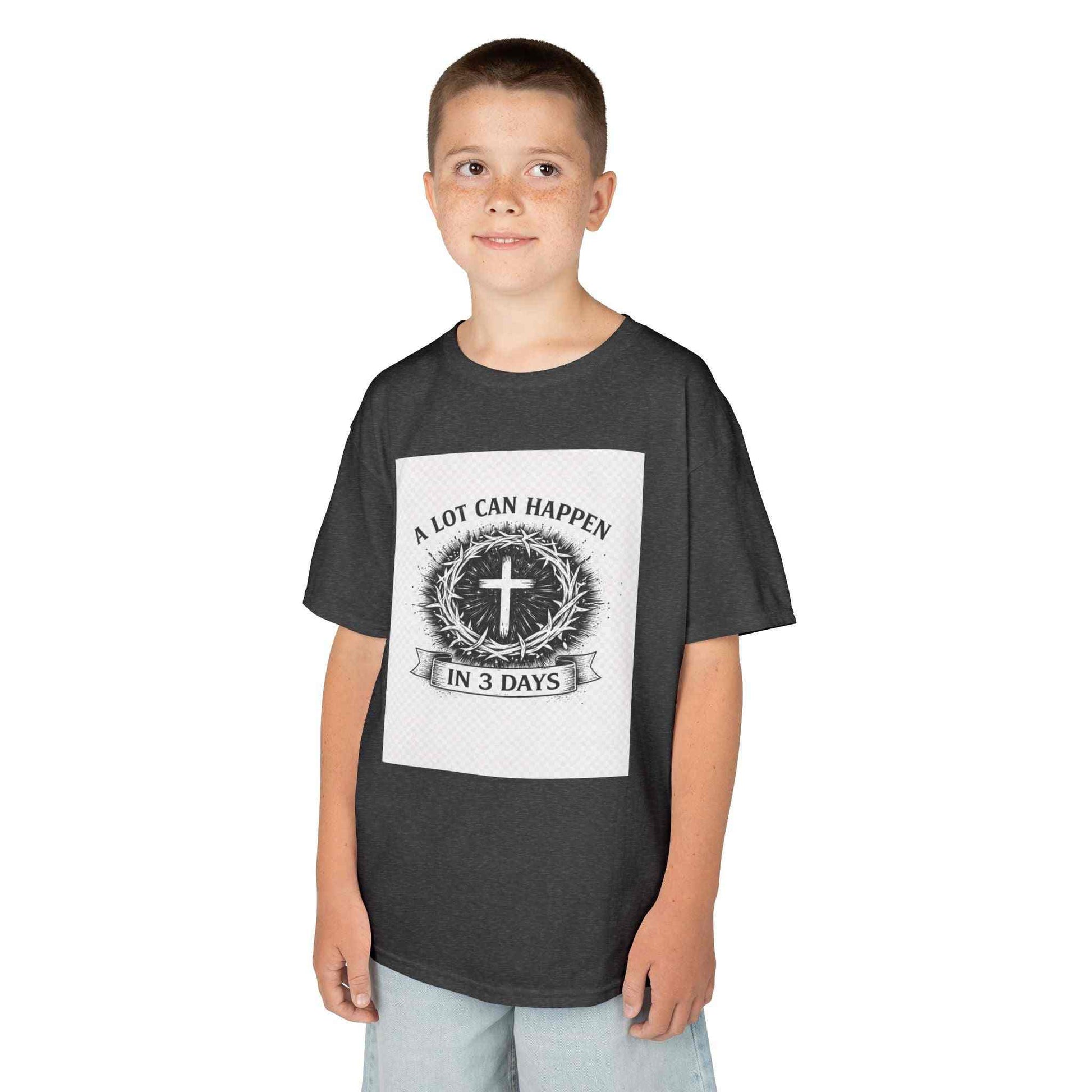 Kids tee with vintage Christian cross and "A Lot Can Happen in 3 Days" design on soft midweight cotton